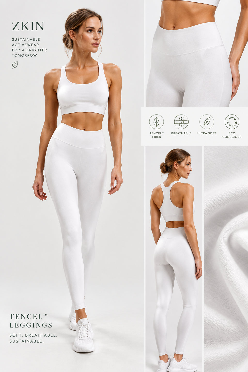 ZKIN Lumina Lux Leggings high-waisted white eco-friendly breathable leggings made from Lenzing Tencel